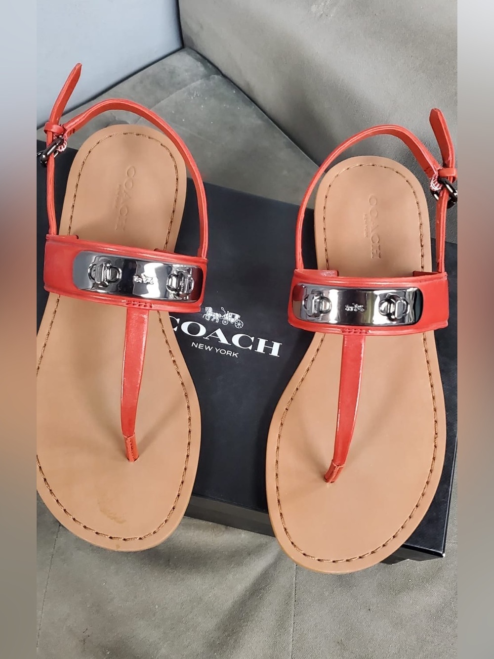 Coach Women's Orange Leather T-Strap Sandals with Silver Accent